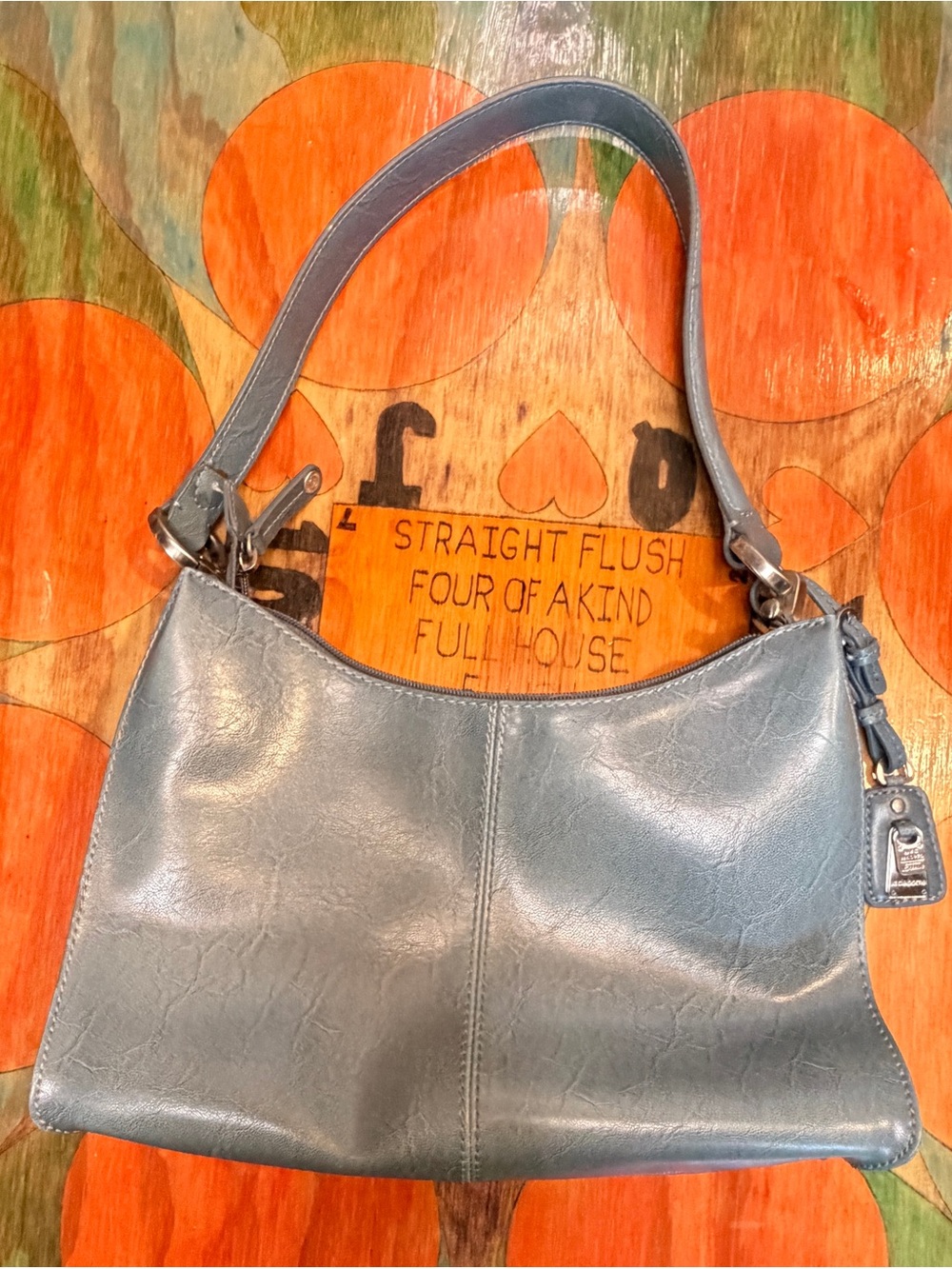 Liz Claiborne Blue Gray Shoulder Bag Zip Top Inner Pocket Silver Hardware Vinyl